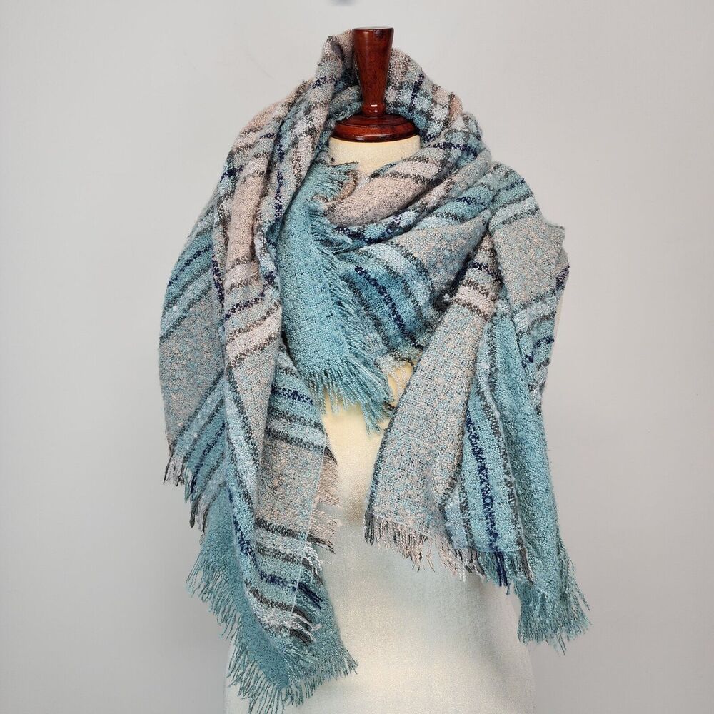 Simply Southern Chunky Knit Plaid Scarf Shawl Wrap Blue Pink Oversized 55x55"